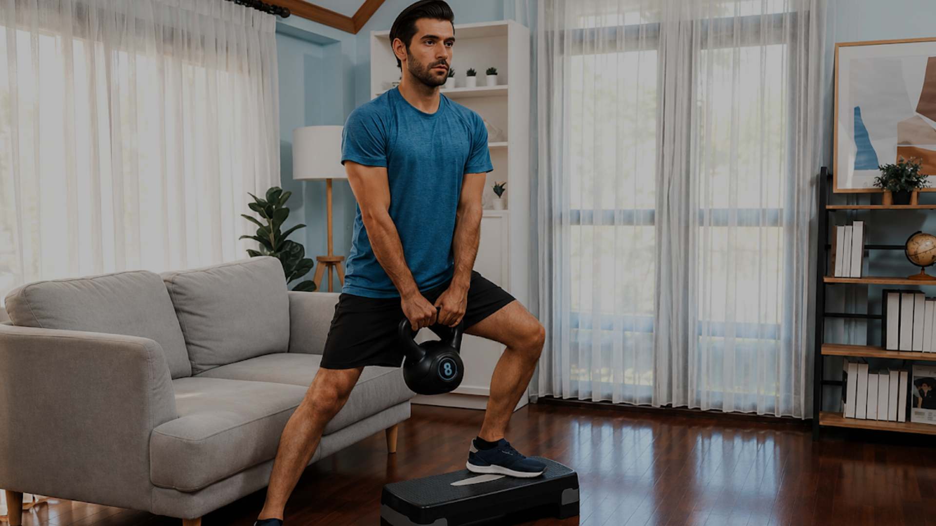 A man in a blue t-shirt and black shorts performs a kettlebell squat while stepping onto a black platform in a modern living room with a gray sofa, white curtains, and wooden floors.